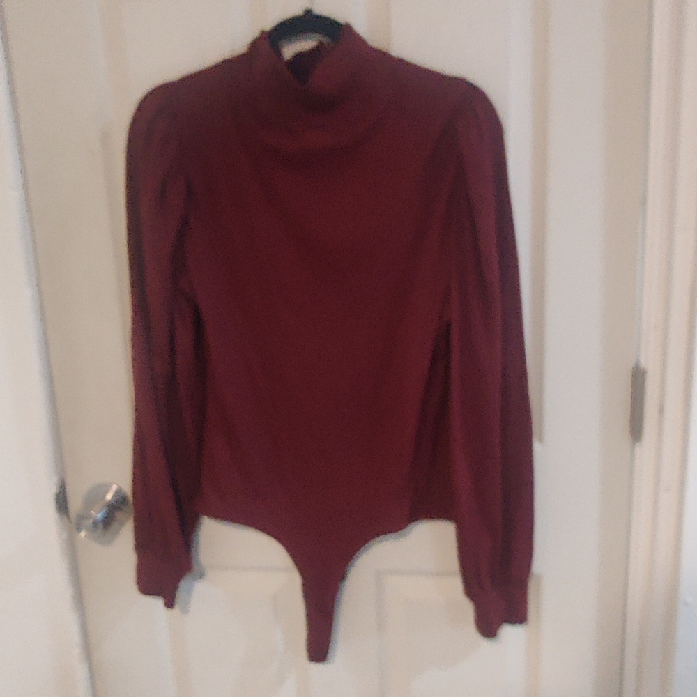 Maroon Madewell Mock Neck Puff Sleeve Bodysuit - Picture 3 of 6